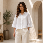 Women’s Relaxed Linen Blend Shirt – White High-Low Hem