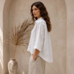 Women’s Relaxed Linen Blend Shirt – White High-Low Hem - Image 2
