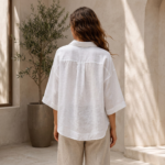 Women’s Relaxed Linen Blend Shirt – White High-Low Hem - Image 3
