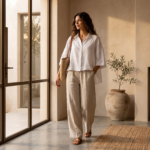 Women’s Relaxed Linen Blend Shirt – White High-Low Hem - Image 4