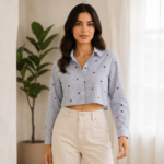 Women’s Heart Embroidered Hakoba Cropped Shirt – Relaxed Fit