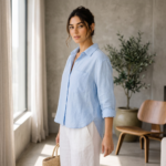 Women’s Light Blue Cotton Linen Relaxed Fit Shirt - Image 2