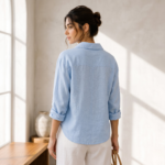 Women’s Light Blue Cotton Linen Relaxed Fit Shirt - Image 3